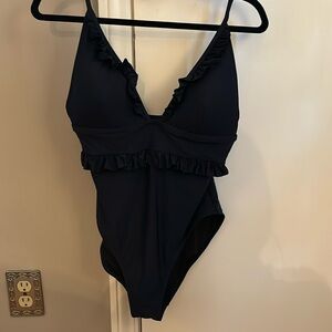 Brand new, J. Crew ruffled one piece suit, navy blue, size 12